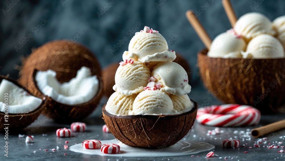 Poster coconut ice cream scoop topped with peppermint serving in coconut shells with decorative candy and s