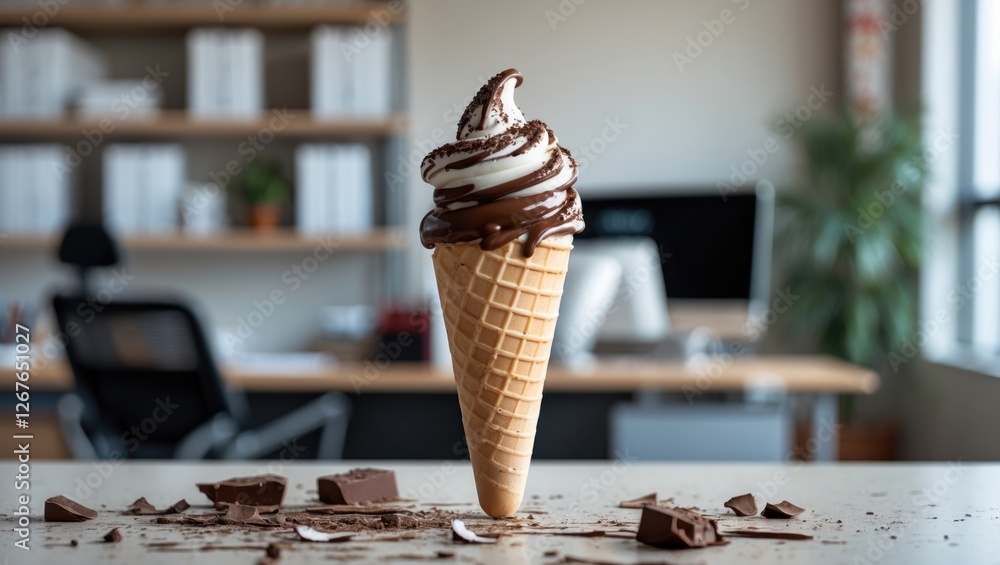 Poster ice cream cone with chocolate swirl in modern office environment empty space for text