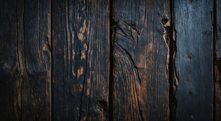 Naklejka premium Aged dark wooden surface with intricate textures and natural patterns for rustic backgrounds or design elements.