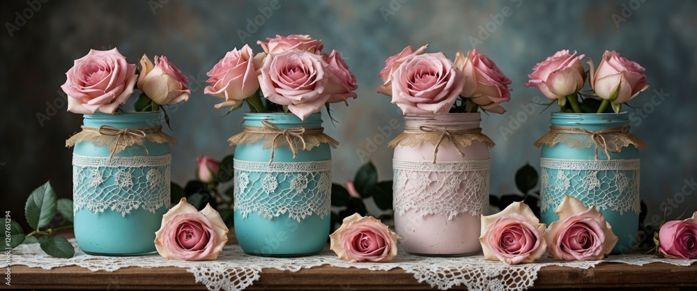 Poster decorative vintage jars with roses and lace featuring empty space for custom text background