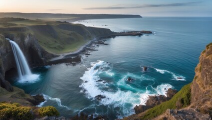 Fototapeta premium Coastal Landscape Featuring a Waterfall with Turquoise Waters and Lush Green Cliffs at Sunset