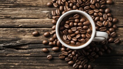 Naklejka premium Roasted coffee beans spilling around a white cup filled with coffee on a rustic wooden surface creating a cozy atmosphere.