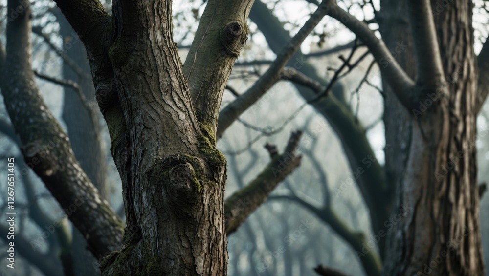 Poster textured tree branches and trunks in a misty forest showcasing intricate patterns and natural beauty