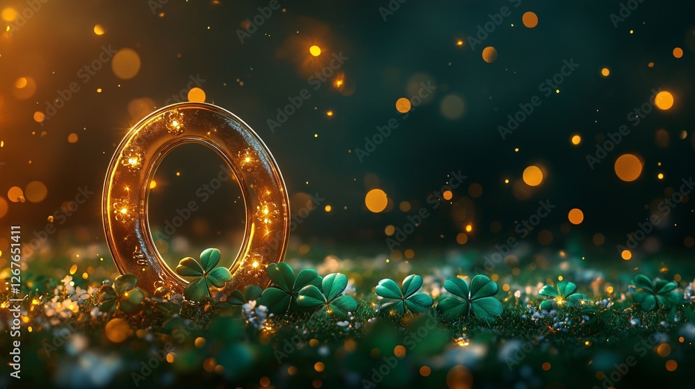 Poster a glowing circular object surrounded by shimmering lights rests on a bed of green leaves, creating a