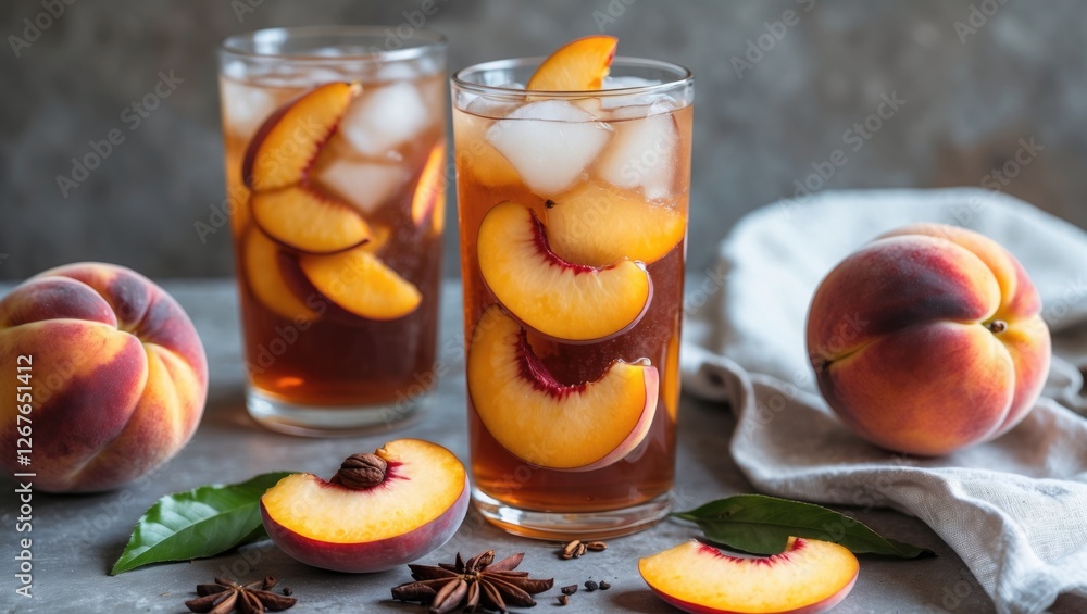 Poster refreshing peach iced tea in glasses with fresh peach slices and ice cubes on a rustic background wi