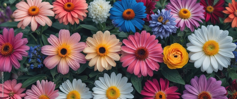 Poster vibrant multicolored flowers with abundant greenery and space for text overlays in a garden setting