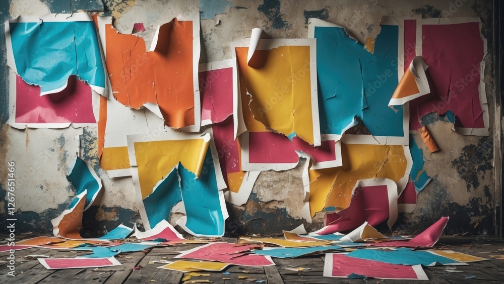 Poster colorful torn posters on textured walls creating a vibrant and abstract interior design backdrop for