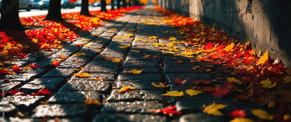 Poster autumn leaves on cobblestone sidewalk with tree shadows creating a warm seasonal backdrop perfect fo