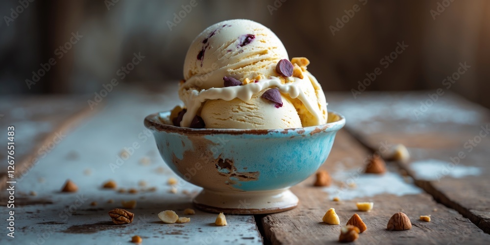 Poster indulgent ice cream scoop served in a rustic bowl on a wooden table with nuts and space for custom t