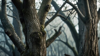 Fototapeta premium Textured tree branches and trunks in a misty forest showcasing intricate patterns and natural beauty of the woodlands.