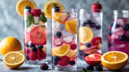 Refreshing Detox Fruit Infused Water with Citrus Berries in Tall Glasses for a Healthy Summer Drink Ideal for Parties and Picnics