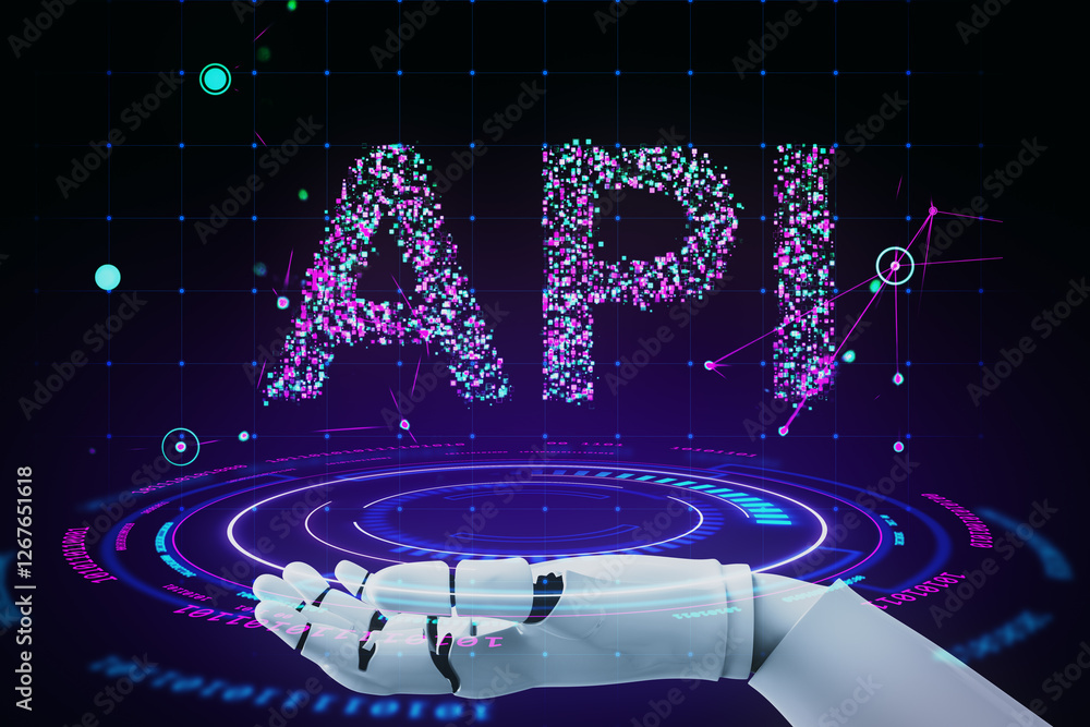 Aufkleber Futuristic API concept with robotic hand and digital holographic elements. 3D Rendering