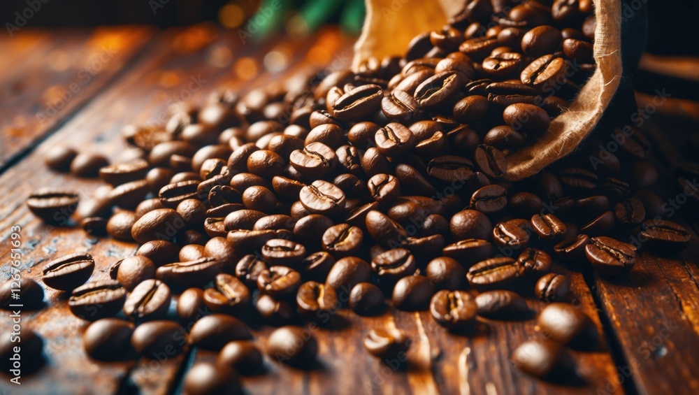 Poster freshly roasted coffee beans scattered on a rustic wooden table with a burlap sack creating a warm a