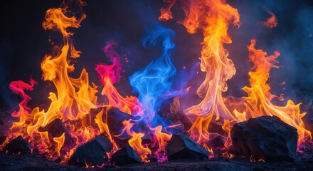 Fototapeta premium Vibrant abstract flames in blue purple and orange hues creating a captivating and colorful fire background with rocks and smoke elements