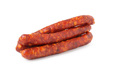 Many thin dry cured sausages isolated on white