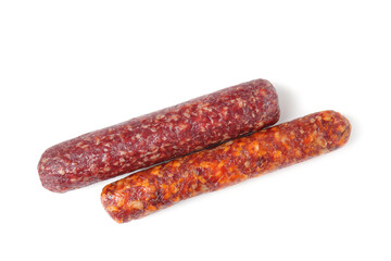 Delicious dry cured sausages isolated on white, top view