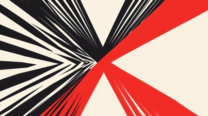 Abstract art with red and black radiating lines on cream background.