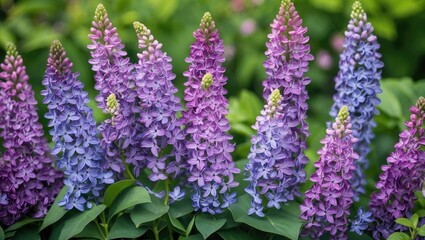 Fototapeta premium Colorful Lilac Flowers Blooming in Garden Against Lush Green Background with Space for Text and Design Elements