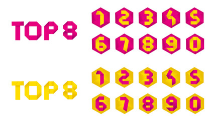 Numbers Set 0-9 Origami Style Folded Colorful Vector Illustration in Pink and Yellow + text: TOP