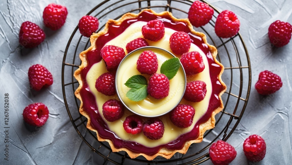 Poster raspberry shortbread tart with lemon custard garnished with fresh berries on cooling rack over textu
