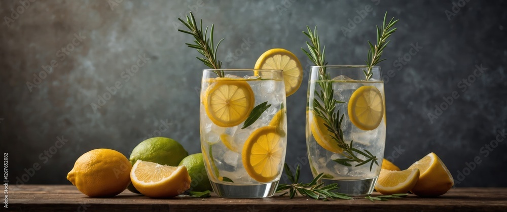 Poster refreshing citrus lemonade with rosemary garnish and ice in glasses on rustic wooden table with lemo