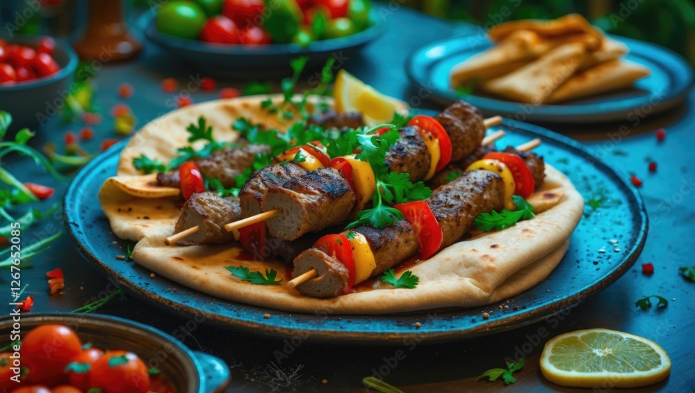 Poster grilled souvlaki skewers on pita with fresh vegetables and herbs against a rustic table setting for 