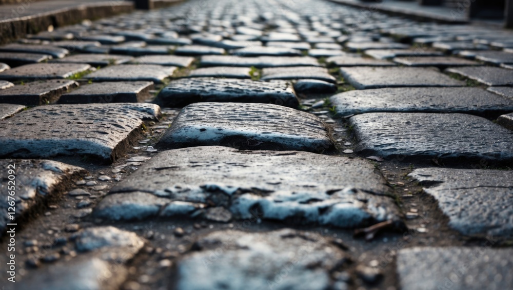 Poster close up of weathered cobblestone pavement showcasing texture and history in an urban setting under 