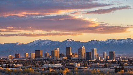Fototapeta premium Panoramic view of a city skyline during sunset with mountains in the background and colorful clouds
