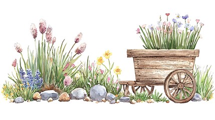 A chibi garden cart with wheels, with watercolor splashes of brown and green, isolated on a dreamy background
