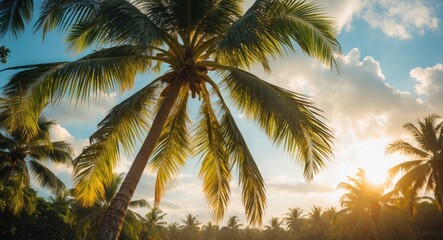 Coconut Palm Trees Silhouetted Against a Vibrant Sunset in Tropical Paradise