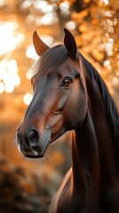Beautiful dark horse standing gracefully in a sunlit forest with golden foliage in autumn