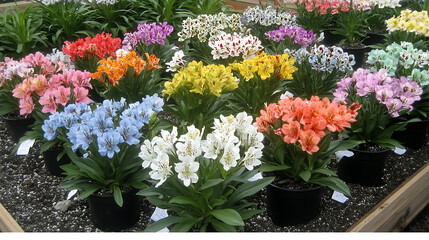 Display of Captivating Peruvian Lilies in Full Bloom Diverse Colors and Black Pots in Floral Shop
