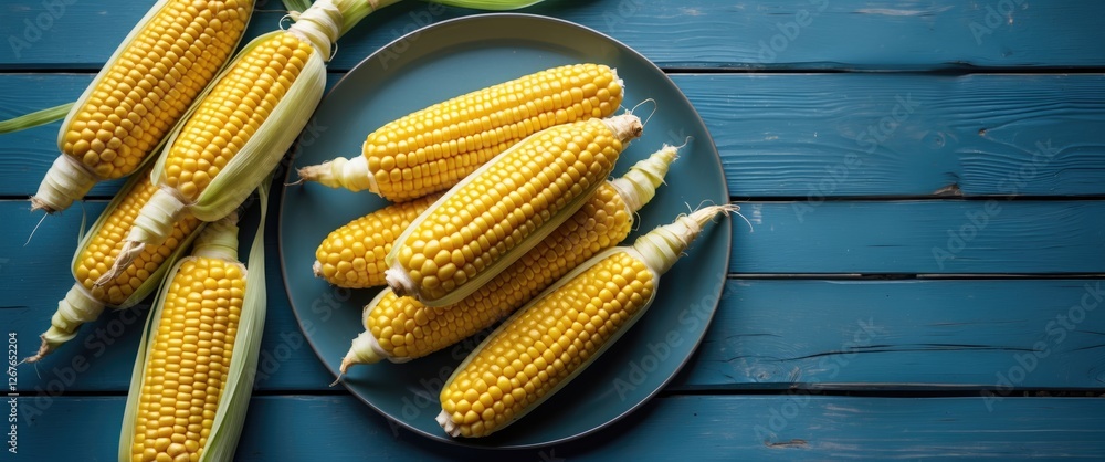 Poster cooked corn ears piled on a plate set against a blue wooden surface with ample space for text or add