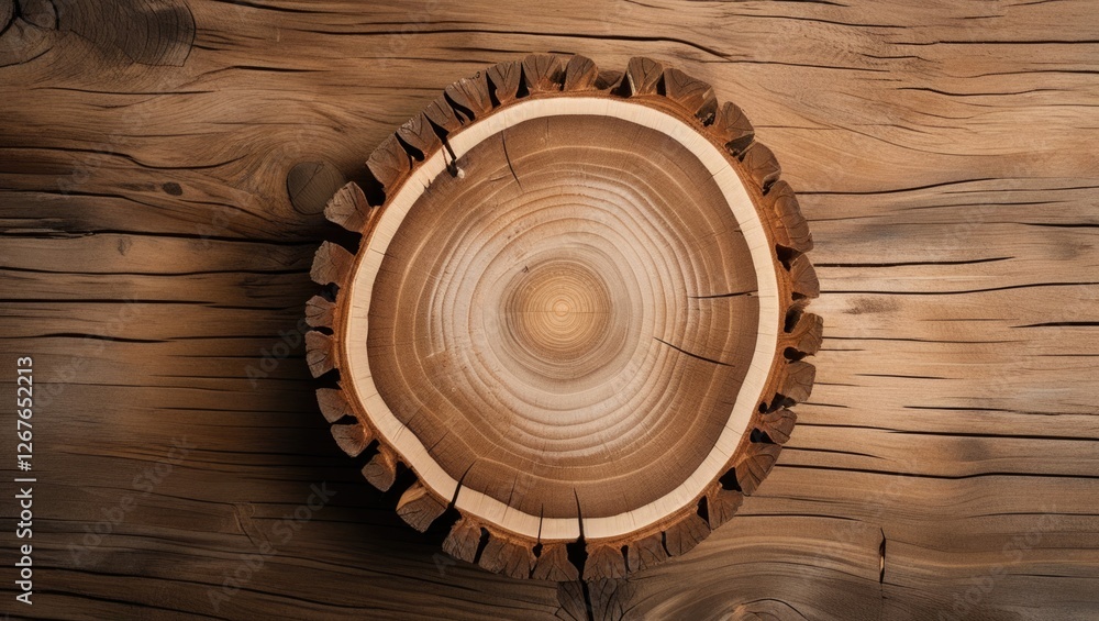 Poster tree cross-section on wooden background showcasing natural textures and patterns, ideal for organic 