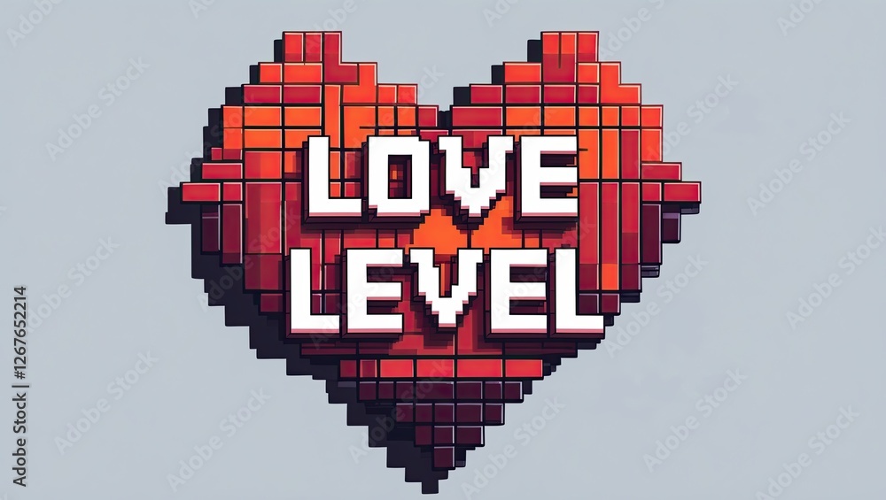 Poster pixelated red heart graphic with the text 'love level' creatively displayed in a playful design