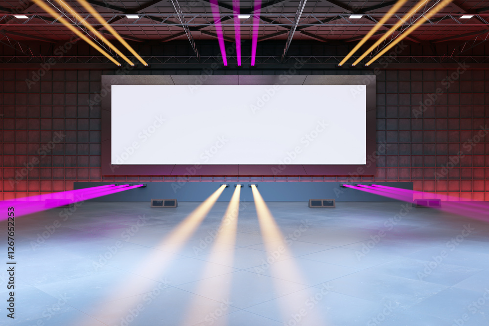 Poster spacious exhibition hall with a large blank screen and colorful laser lights. 3d rendering