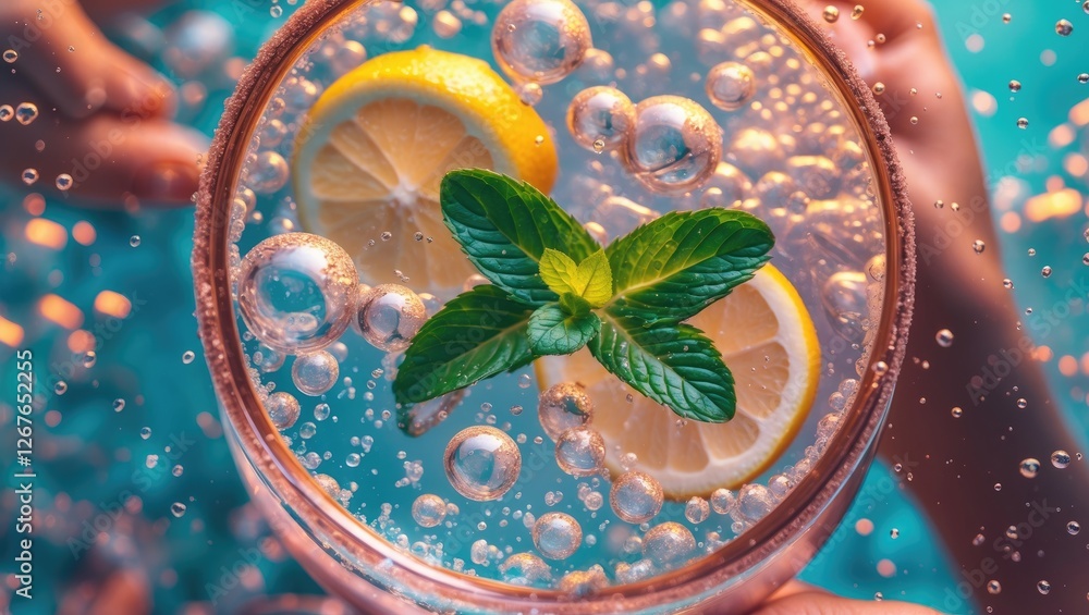 Poster Refreshing Detox Drink with Mint and Lemon Slices Bubbles in Sparkling Water Macro Photo with Blank Space for Text or Branding