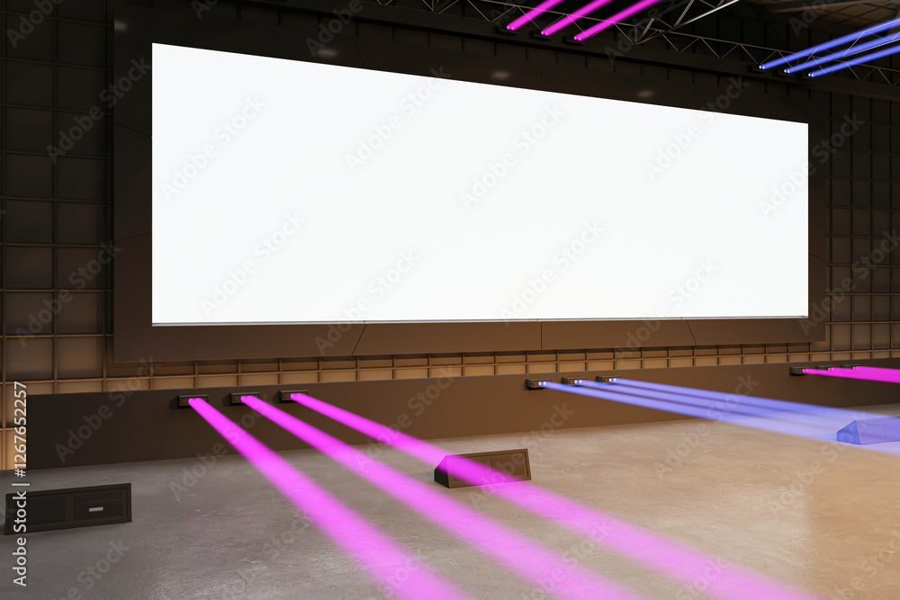 Poster large blank screen in modern exhibition hall with laser lights. 3d rendering