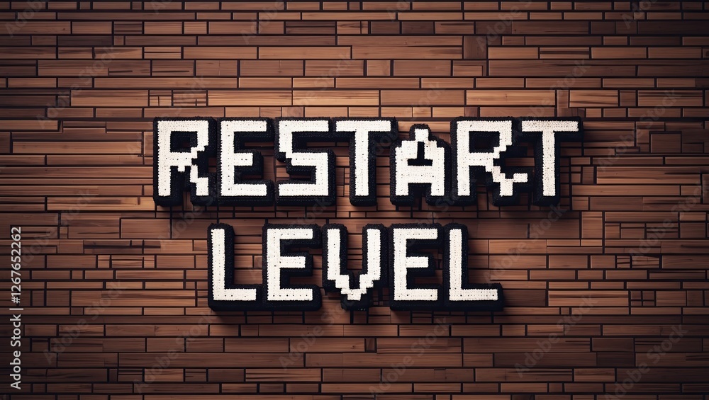 Poster a wooden background with the words 'restart level' prominently displayed in a pixelated font, convey