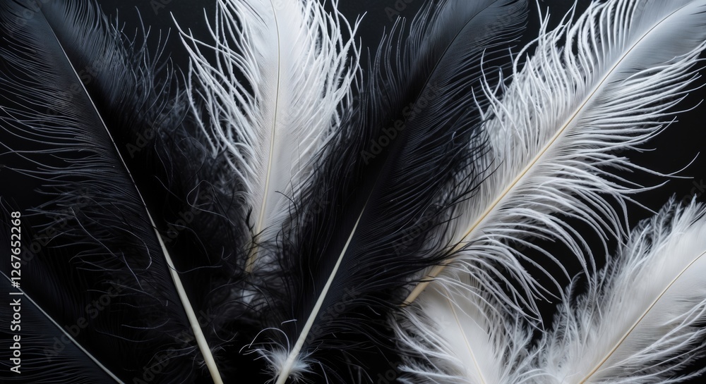 Poster black and white abstract composition of elegant feathers creating a striking contrast against a dark