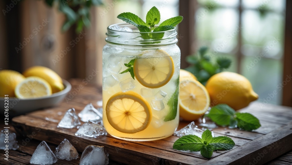 Poster refreshing lemonade with ice and mint garnish in a jar on a rustic wooden table surrounded by fresh 