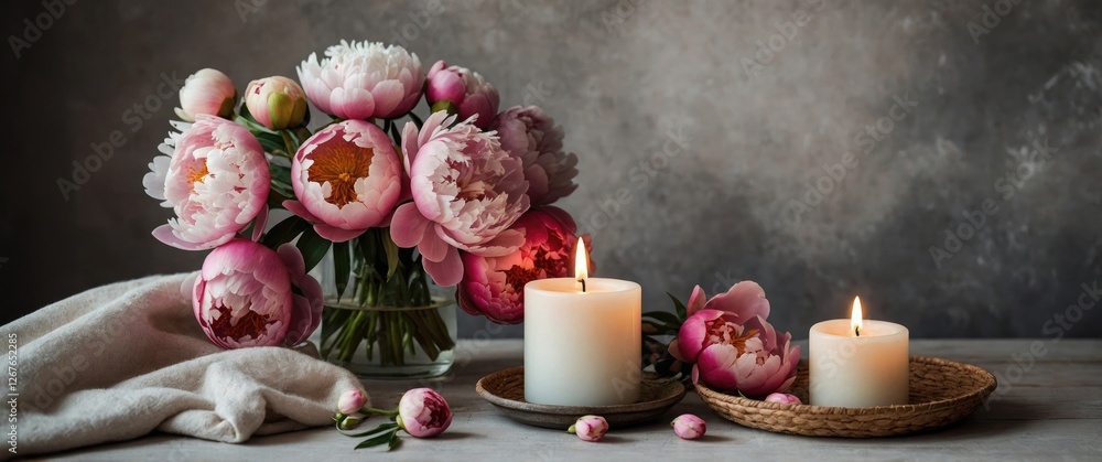 Poster cozy spring arrangement with peonies and soft candles creating a relaxing atmosphere on a textured b