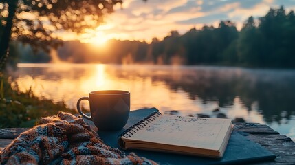Sunrise lake view, coffee, notebook, autumnal scene