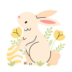 Cute bunny with flowers and Easter eggs concept. Easter flat illustration isolated on a white background.