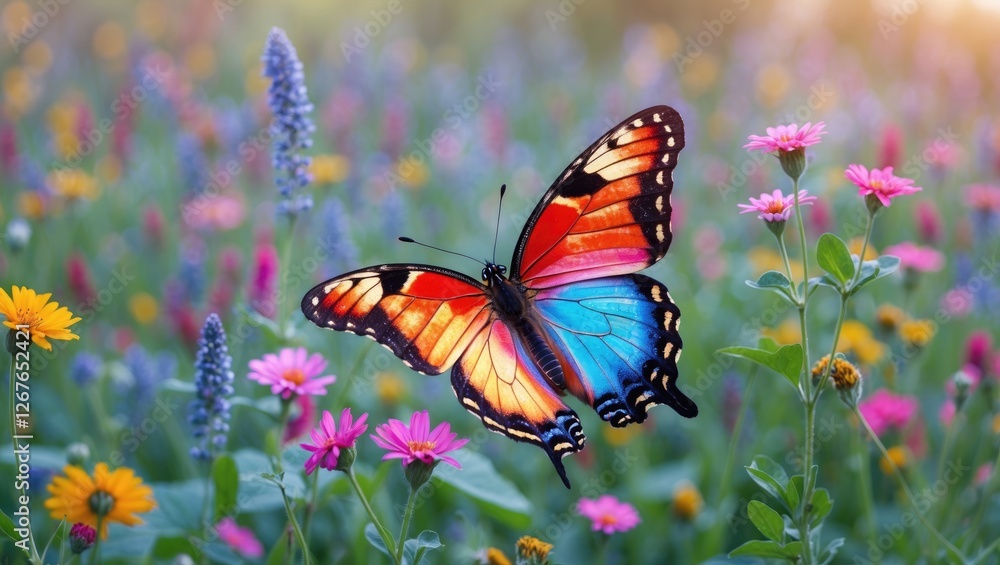 Poster vibrant butterfly in a colorful meadow surrounded by flowers with soft focused background for text s