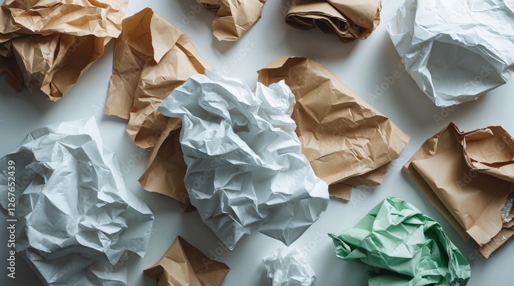 Poster collection of crumpled and unfolded recycled paper in various colors arranged on a clean white backg