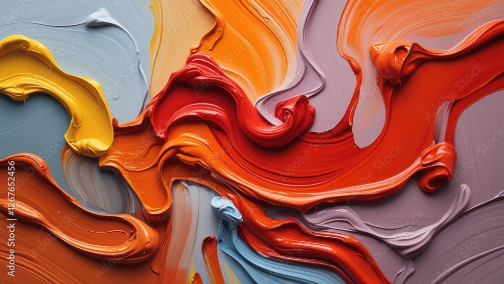 Poster vibrant multicolored oil paint abstract texture with flowing orange and red hues creating a dynamic 