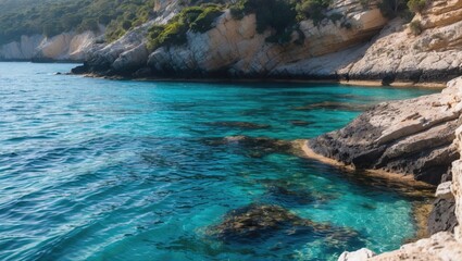 Serene turquoise waters lapping against rugged coastline under bright blue skies in a peaceful natural setting.