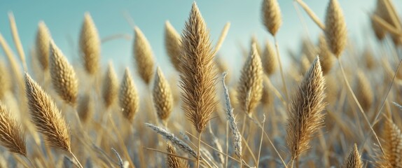 Golden Spikelets of Dry Grass Against a Soft Blue Sky with Room for Textual Overlay and Natural Textures in Background