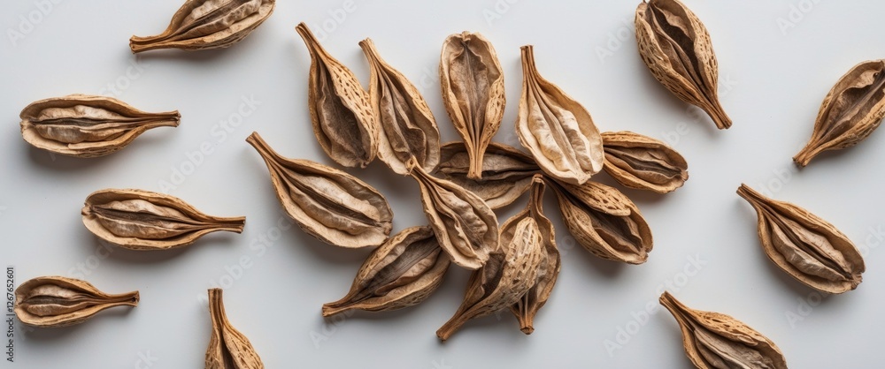 Poster dried jungle tree seeds spread on white background with space for text and design elements